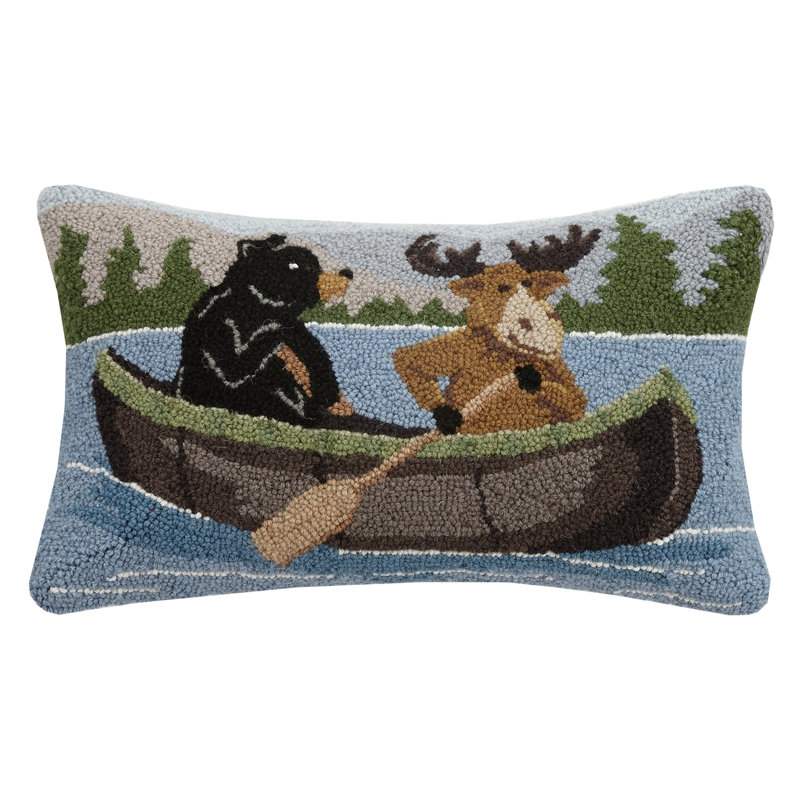 Millwood Pines Ragnar Bear and Moose on Canoe Hook Wool Throw Pillow